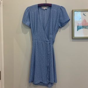 Olivaceous light blue polka dot wrap dress, size medium